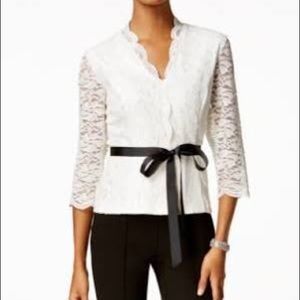 Alex Evenings - Cream scallop top with black bow